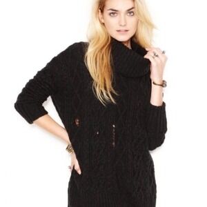 Free People Complex Cable Cowl Neck Sweater Black‎ Distressed Knit Wool Blend M